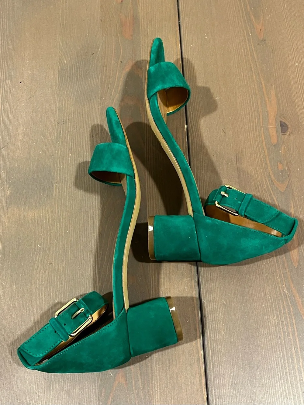 J Crew Sandals Green Suede Chunk Heel Open toe ankle strap Size 6.5 Office